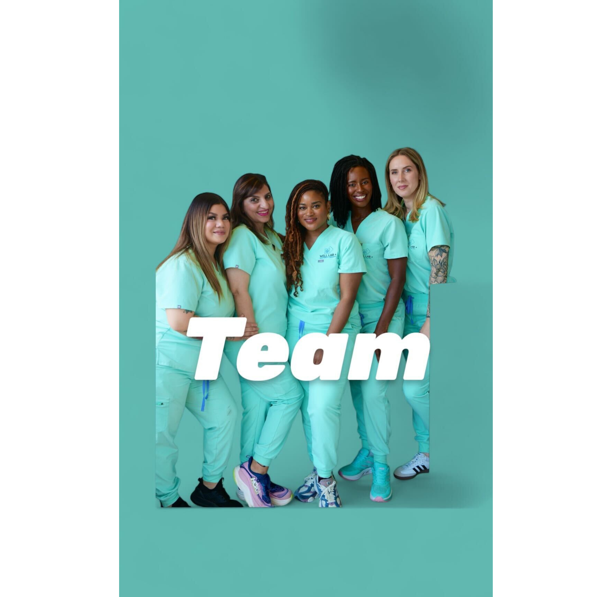 The Well Lab team in mint scrubs